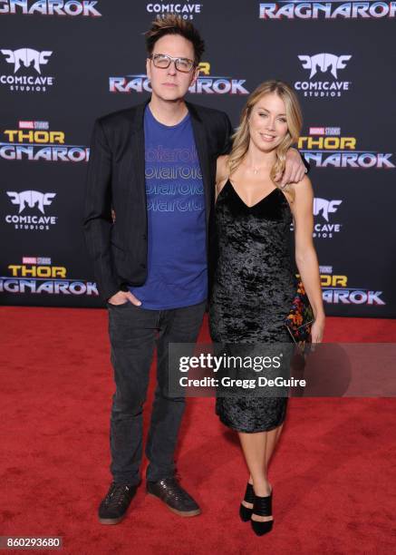 Jennifer Holland and James Gunn arrive at the premiere of Disney and Marvel's "Thor: Ragnarok" at the El Capitan Theatre on October 10, 2017 in Los...