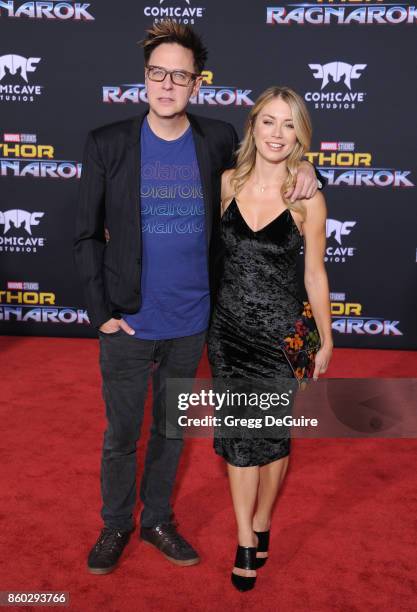 Jennifer Holland and James Gunn arrive at the premiere of Disney and Marvel's "Thor: Ragnarok" at the El Capitan Theatre on October 10, 2017 in Los...