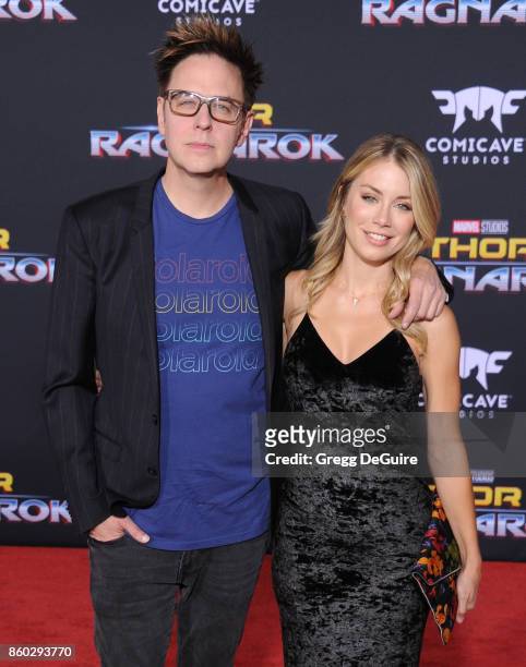 Jennifer Holland and James Gunn arrive at the premiere of Disney and Marvel's "Thor: Ragnarok" at the El Capitan Theatre on October 10, 2017 in Los...