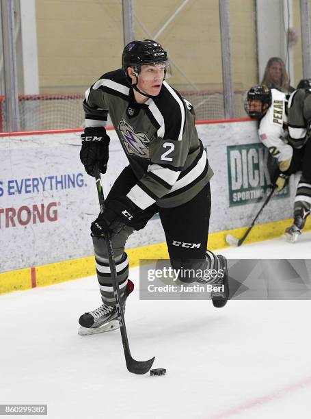 Tony Malinowski of the Tri-City Storm skates with the puck during the game against the Muskegon Lumberjacks on Day 3 of the USHL Fall Classic at UPMC...