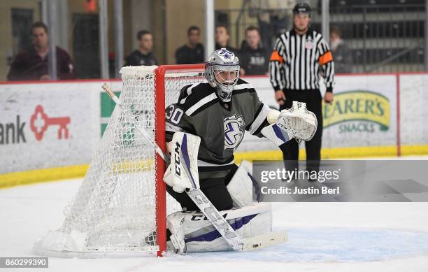 Filip Larsson of the Tri-City Storm tends net during the game against the Muskegon Lumberjacks on Day 3 of the USHL Fall Classic at UPMC Lemieux...