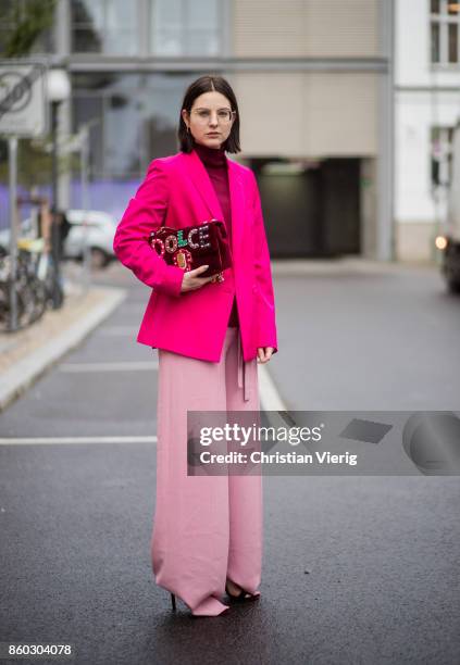 Fashion blogger Maria Barteczko wearing classic pink blazer Stella McCartney, bordeaux turtle neck jumper Asos, pink waist wide leg trousers...