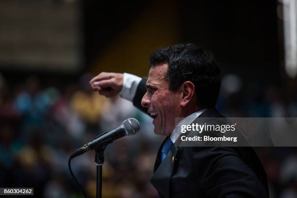 Henrique Capriles, opposition leader and governor of the State of Miranda, speaks during an event marking his last day as governor in Caracas,...