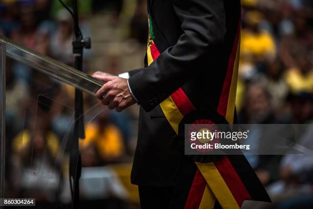 Henrique Capriles, opposition leader and governor of the State of Miranda, speaks during an event marking his last day as governor in Caracas,...