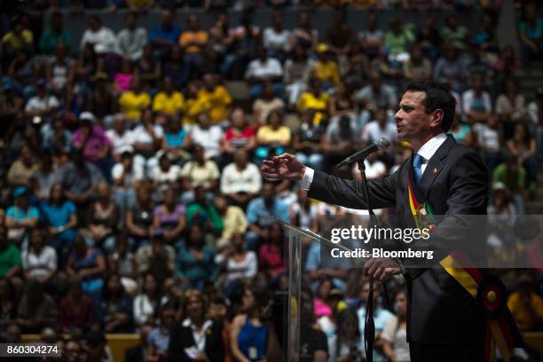 Henrique Capriles, opposition leader and governor of the State of Miranda, speaks during an event marking his last day as governor in Caracas,...