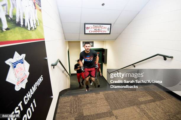 Reymond Fuentes of the Arizona Diamondbacks hangs out in the clubhouse the day before game three of the National League Division Series between the...