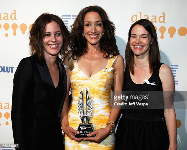 Actresses Katherine Moennig, Jennifer Beals and Leisha Hailey backstage at the 20th Annual GLAAD Media Awards held at NOKIA Theatre LA LIVE on April...