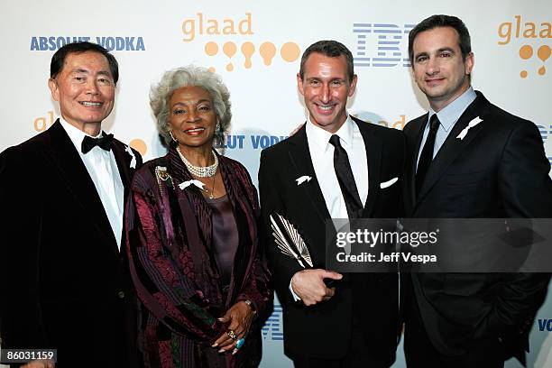 Actor George Takei, actress Nichelle Nichols, director/producer Adam Shankman and GLAAD President Neil Giuliano backstage at the 20th Annual GLAAD...