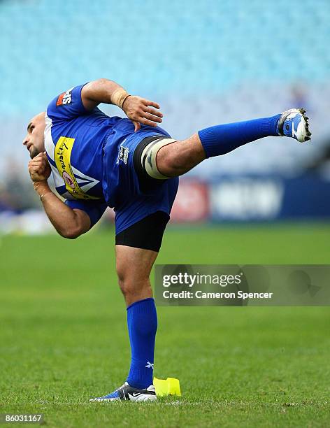 Hazim El Masri of the Bulldogs watches an attempted kick for goal during the round six NRL match between the Parramatta Eels and the Bulldogs at ANZ...