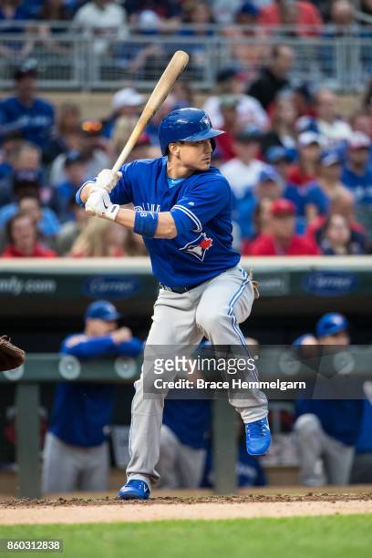 Darwin Barney of the Toronto Blue Jays bats against the Minnesota Twins on September 16, 2017 at Target Field in Minneapolis, Minnesota. The Blue...
