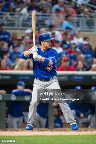 Darwin Barney of the Toronto Blue Jays bats against the Minnesota Twins on September 16, 2017 at Target Field in Minneapolis, Minnesota. The Blue...