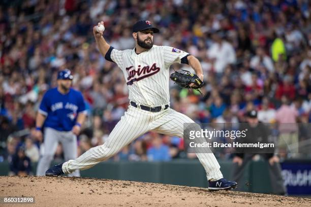 Dillon Gee of the Minnesota Twins pitches against the Toronto Blue Jays on September 16, 2017 at Target Field in Minneapolis, Minnesota. The Blue...