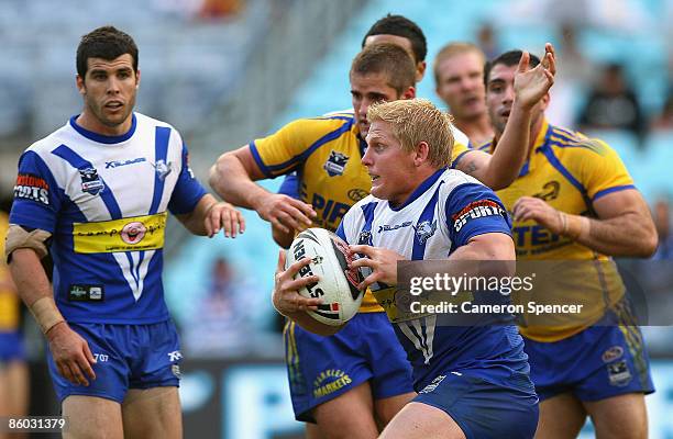 Ben Hannant of the Bulldogs runs the ball during the round six NRL match between the Parramatta Eels and the Bulldogs at ANZ Stadium on April 19,...