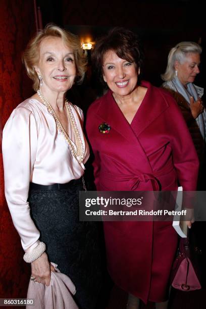 Myriam Feune de Colombi and Roselyne Bachelot-Narquin attend the "Novecento" Theater Play in support of APREC at Theatre Montparnasse on October 11,...