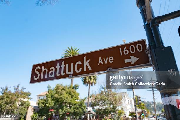 Close-up of sign for Shattuck Avenue, the main road in the Gourmet Ghetto neighborhood of Berkeley, California, known for being the birthplace of New...