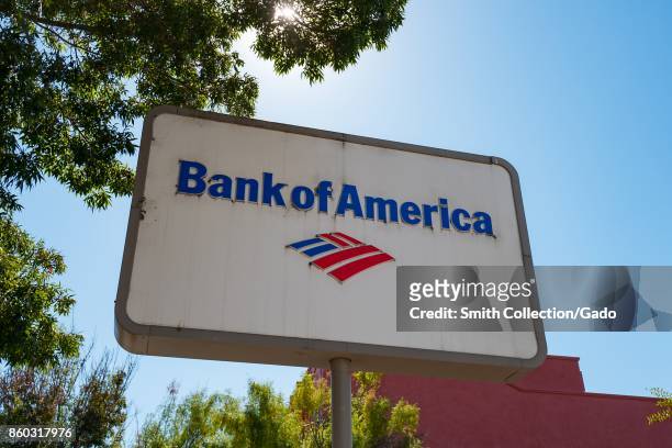 Close-up of sign with logo for the Bank of America branch in the Gourmet Ghetto neighborhood of Berkeley, California, October 6, 2017.