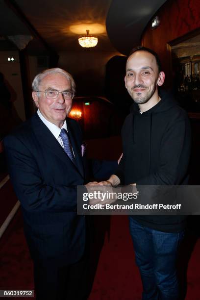 President of APREC, Professor Victor Izrael and Pianist of the Piece Elio Di Tanna attend the "Novecento" Theater Play in support of APREC at Theatre...