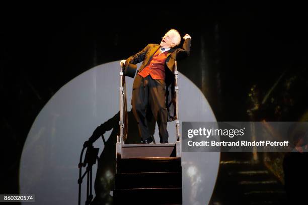 Actor Andre Dussollier performs during the "Novecento" Theater Play in support of APREC at Theatre Montparnasse on October 11, 2017 in Paris, France.