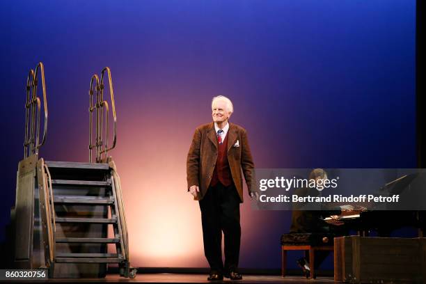 Actor Andre Dussollier and pianist Elio di Tanna perform during the "Novecento" Theater Play in support of APREC at Theatre Montparnasse on October...