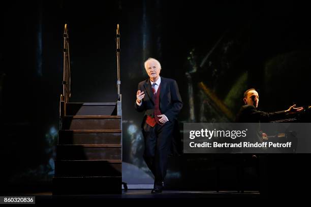 Actor Andre Dussollier and pianist Elio di Tanna perform during the "Novecento" Theater Play in support of APREC at Theatre Montparnasse on October...