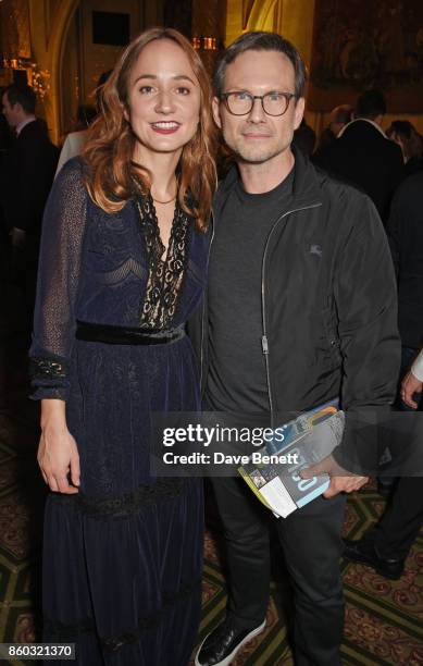 Cast member Lydia Leonard and Christian Slater attend the press night after party for "Oslo" at The Royal Horseguards on October 11, 2017 in London,...