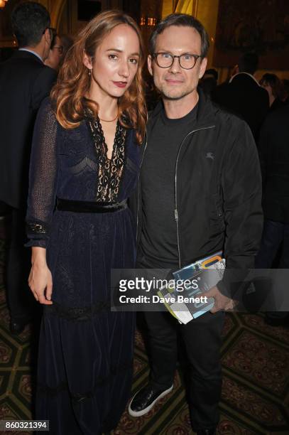 Cast member Lydia Leonard and Christian Slater attend the press night after party for "Oslo" at The Royal Horseguards on October 11, 2017 in London,...