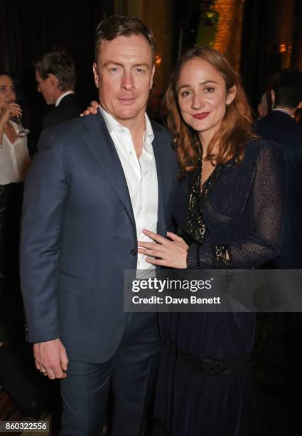 Cast members Toby Stephens and Lydia Leonard attend the press night after party for "Oslo" at The Royal Horseguards on October 11, 2017 in London,...