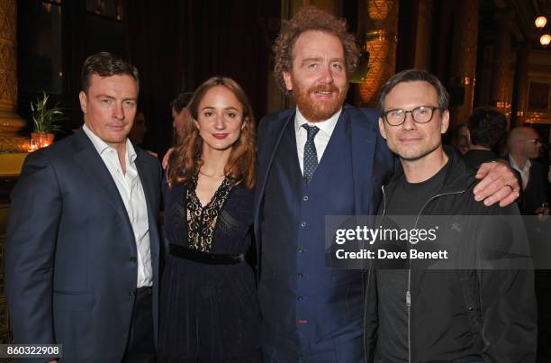 Toby Stephens, Lydia Leonard, producer Adam Speers and Christian Slater attend the press night after party for "Oslo" at The Royal Horseguards on...