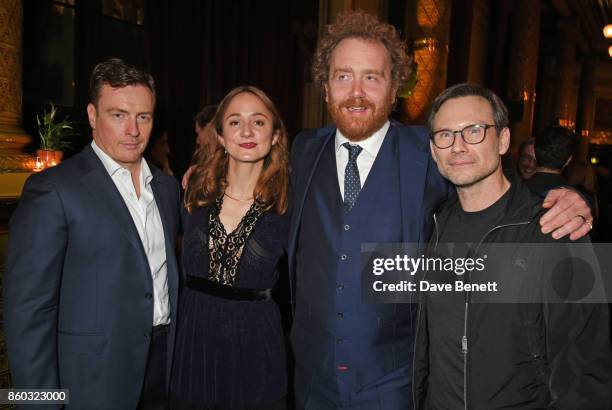 Toby Stephens, Lydia Leonard, producer Adam Speers and Christian Slater attend the press night after party for "Oslo" at The Royal Horseguards on...