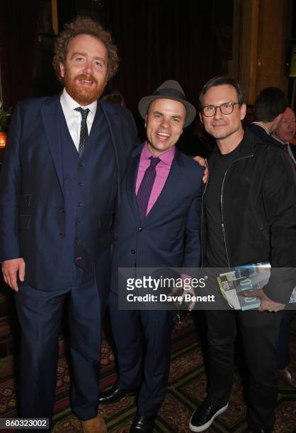 Producer Adam Speers, playwright J.T. Rogers and Christian Slater attend the press night after party for "Oslo" at The Royal Horseguards on October...
