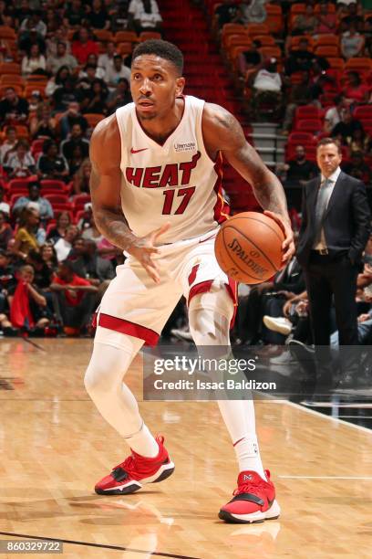 Rodney McGruder of the Miami Heat handles the ball during a preseason game against the Washington Wizards at the American Airlines Arena on October...