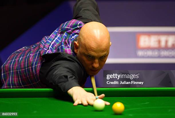 Mark King of England in action in his first round match against Rory McLeod of England during the Betfred World Snooker Championships at the Crucible...