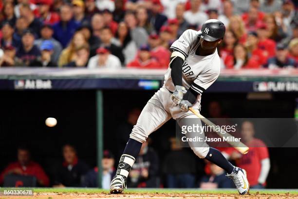 Didi Gregorius of the New York Yankees hits a two-run homerun in the third inning against the Cleveland Indians in game five of the American League...