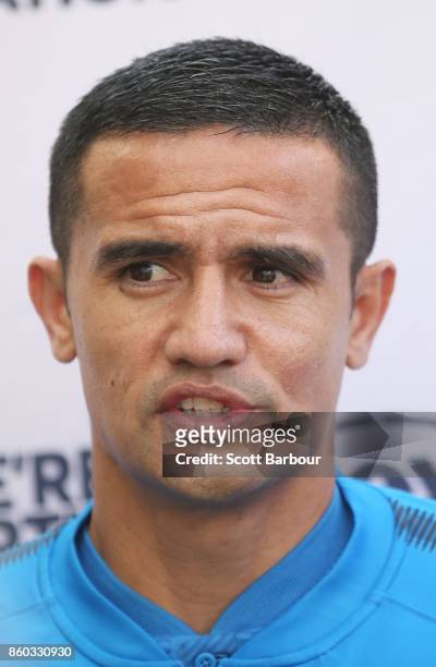 Melbourne City player Tim Cahill speaks to the media during a Melbourne A-League Derby Media Opportunity on St Kilda Beach at Republica on October...