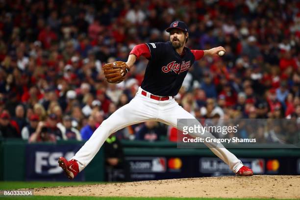 Andrew Miller of the Cleveland Indians pitches in the fourth inning against the New York Yankees in Game Five of the American League Divisional...