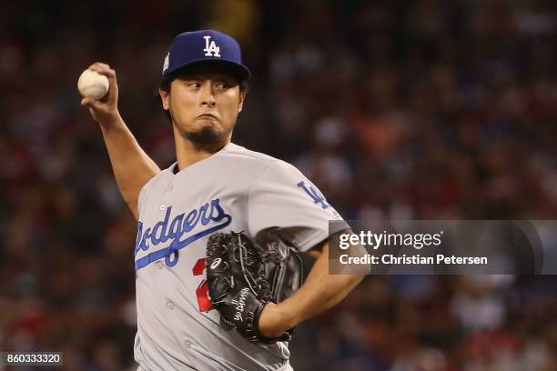 Starting pitcher Yu Darvish of the Los Angeles Dodgers pitches against the Arizona Diamondbacks during the National League Divisional Series game...