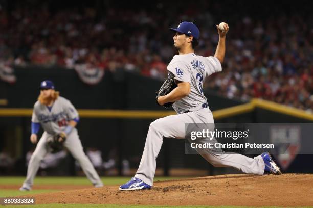 Starting pitcher Yu Darvish of the Los Angeles Dodgers pitches against the Arizona Diamondbacks during the National League Divisional Series game...