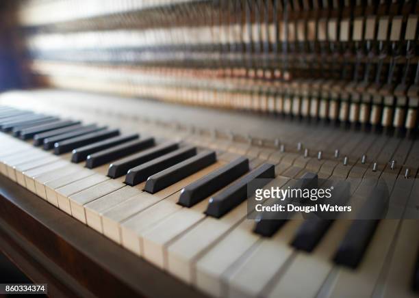 traditional upright piano keys close up. - tasteninstrument stock-fotos und bilder