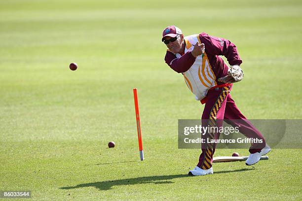 John Dyson of the West Indies puts his side through their paces during net practice at Grace Road on April 19, 2009 in Leicester, England.