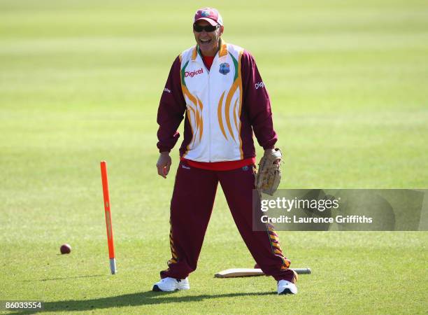 John Dyson of the West Indies puts his side through their paces during net practice at Grace Road on April 19, 2009 in Leicester, England.