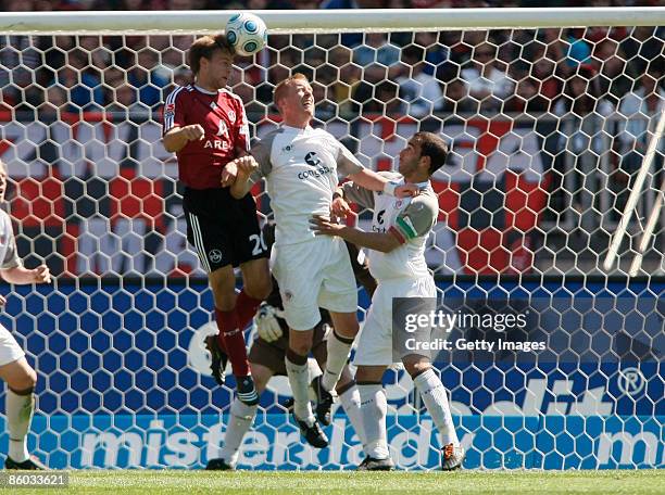 Pascal Bieler of Nuernberg heads his first goal during the second Bundesliga match between 1. FC Nuernberg and FC St. Pauli at the easyCredit stadium...