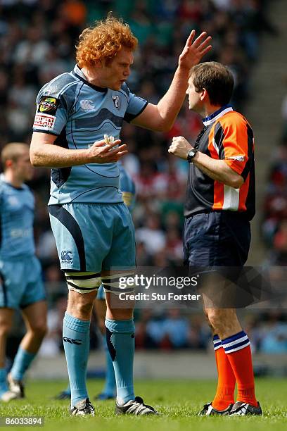 Cardiff captain Paul Tito speaks with Referee Alain Rolland of Ireland during the EDF Energy Cup Final between Gloucester and Cardiff Blues at...