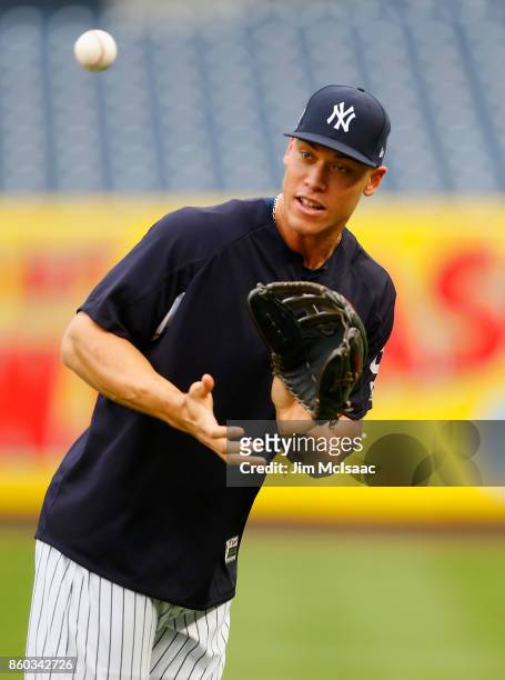 Aaron Judge of the New York Yankees works out before Game Three of the American League Divisional Series against the Cleveland Indians at Yankee...