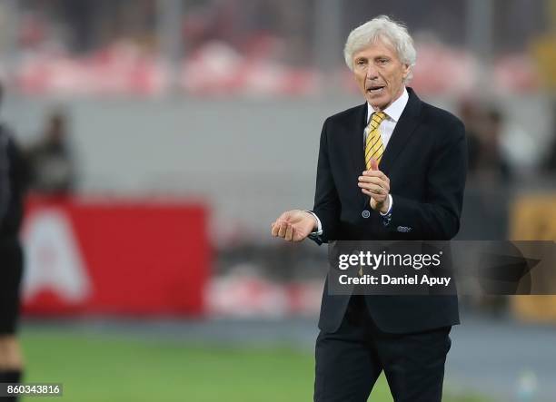 Jose Pekerman coach of Colombia shouts instructions to his players during a match between Peru and Colombia as part of FIFA 2018 World Cup Qualifiers...