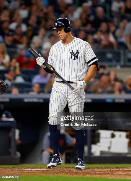 Aaron Judge of the New York Yankees in action against the Cleveland Indians in Game Three of the American League Divisional Series at Yankee Stadium...