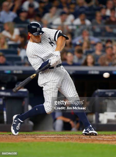 Aaron Judge of the New York Yankees in action against the Cleveland Indians in Game Three of the American League Divisional Series at Yankee Stadium...