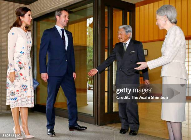 Crown Prince Frederik of Denmark and Crown Princess Mary of Denmark are welcomed by Emperor Akihito and Empress Michiko prior to their luncheon at...