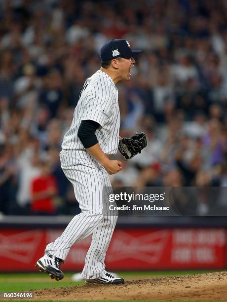 Masahiro Tanaka of the New York Yankees in action against the Cleveland Indians in Game Three of the American League Divisional Series at Yankee...