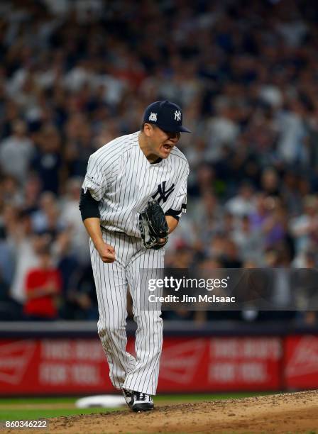 Masahiro Tanaka of the New York Yankees in action against the Cleveland Indians in Game Three of the American League Divisional Series at Yankee...