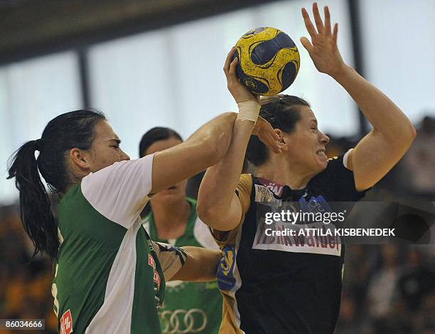 Austrian Denise Cavaleiro Fachinello of Austrian club Hypo Niederosterreich vies with Hungarian Orsolya Verten of Gyori Audi ETO in the local sports...